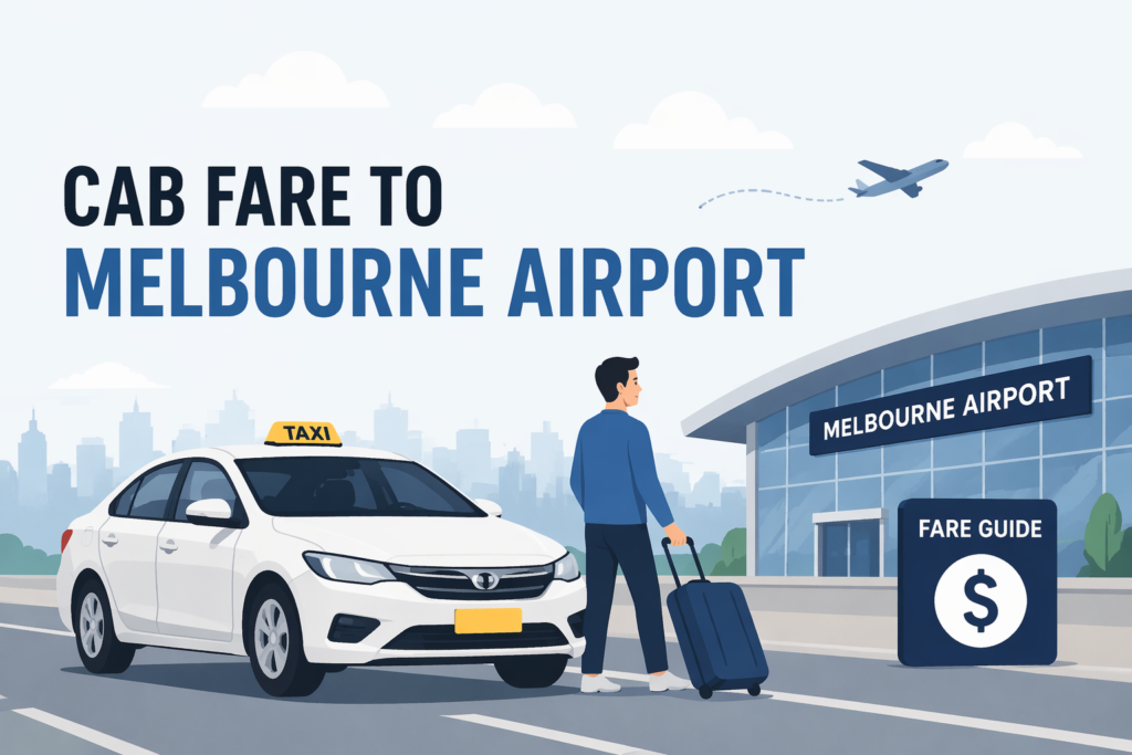 Cab Fare to Melbourne Airport illustration showing a taxi, traveler with luggage, and airport building in a clean modern style.