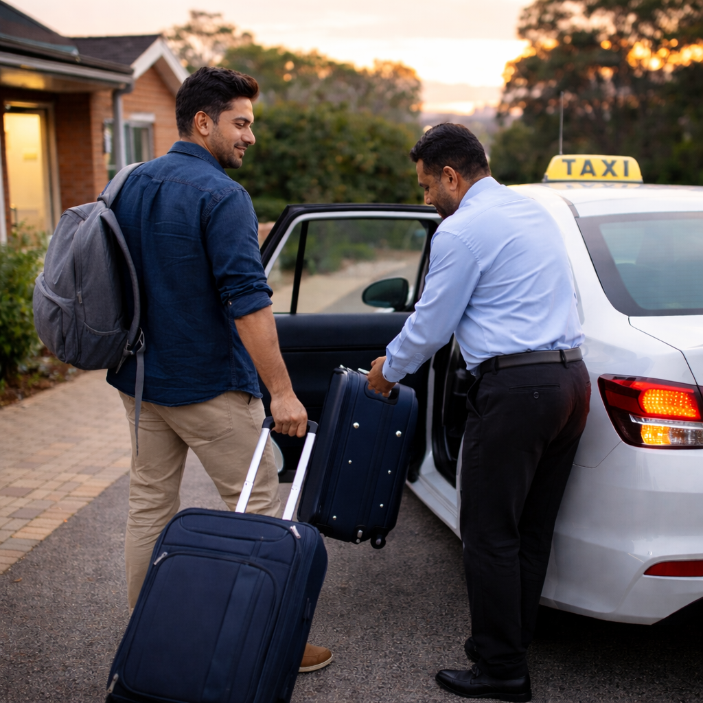 Cab from Glen Iris to Melbourne Airport showing a traveler with luggage getting into a taxi with driver assistance in a suburban area