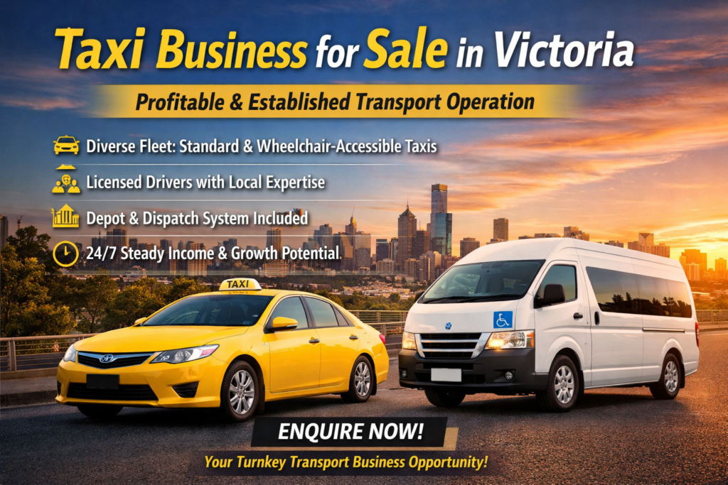 Advertisement image showing a taxi business for sale in Victoria with a yellow taxi and a wheelchair-accessible van in front of a city skyline at sunset, highlighting features like diverse fleet, licensed drivers, 24/7 income, and growth potential.