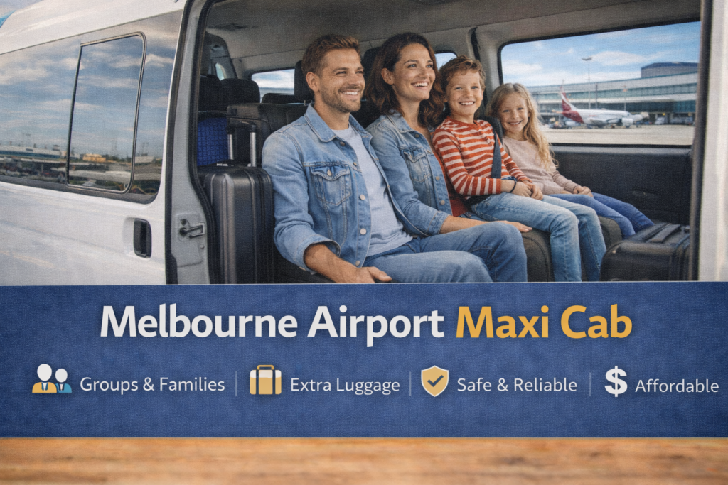 Simple and humanized image of a happy family sitting comfortably inside a maxi cab with luggage at Melbourne Airport, representing Melbourne airport maxi cab service for group travel with spacious seating and reliable transport.
