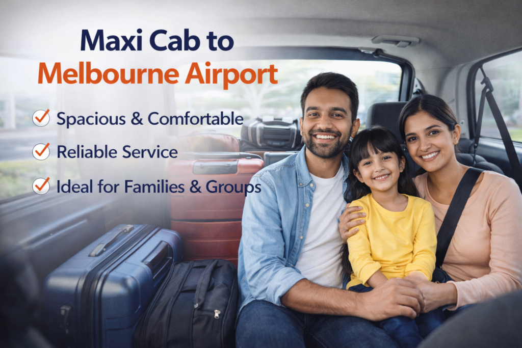 Maxi cab to Melbourne Airport showing a happy family traveling comfortably with luggage in a spacious taxi for a smooth airport transfer
