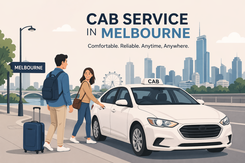 Simple illustration of a couple booking a cab in Melbourne with a city skyline in the background