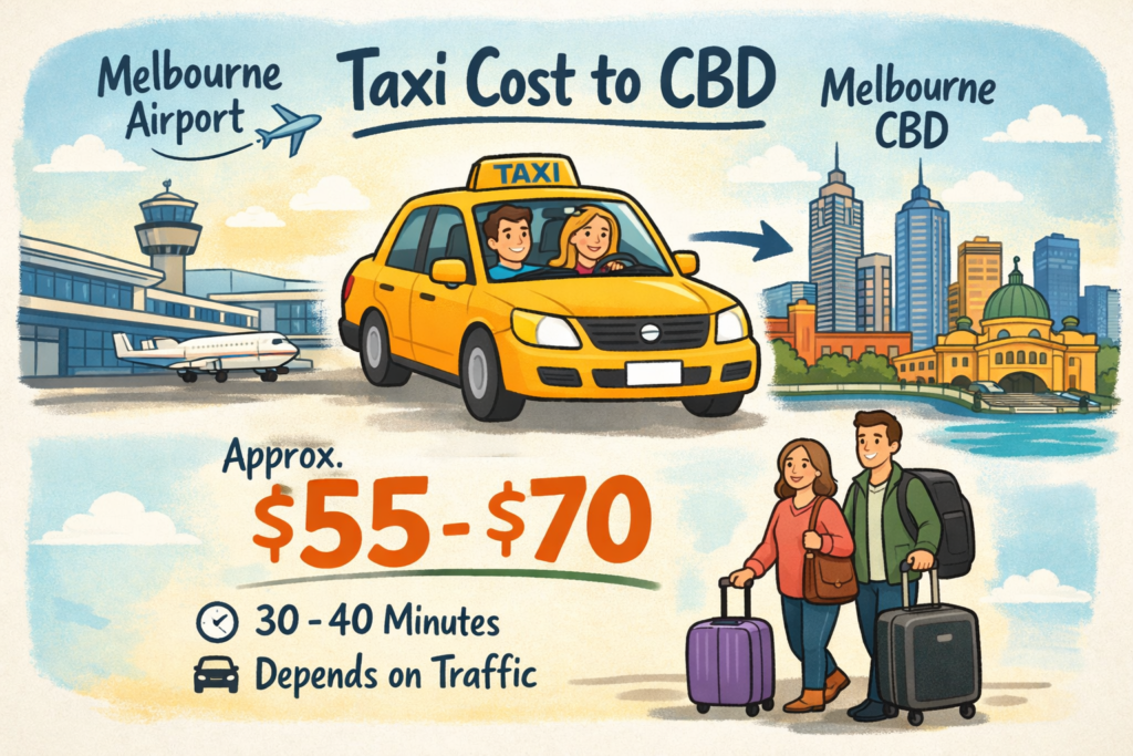 Simple illustration showing taxi cost from Melbourne Airport to CBD with passengers and city background