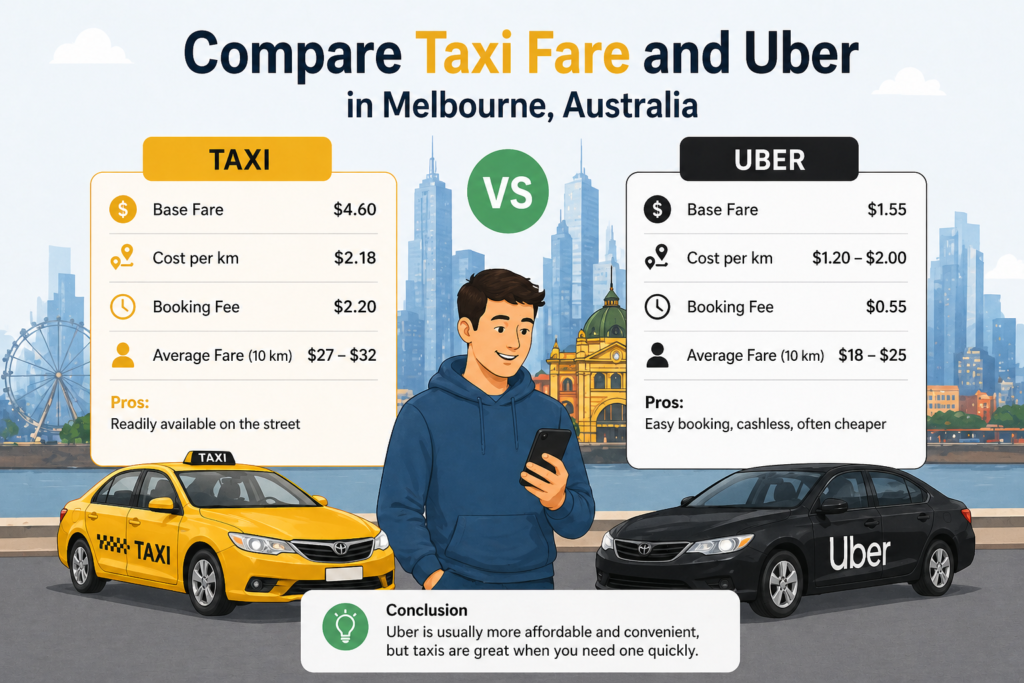 Infographic to compare taxi fare and Uber in Melbourne Australia showing pricing, booking fees, and average ride costs side by side